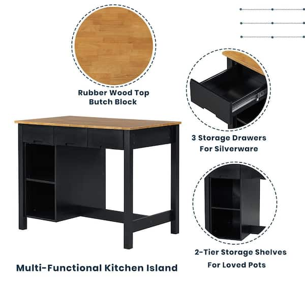 3-Piece White Rubber Wood 45 in. Kitchen Island Set with 2-Seatings for Small Places, Black BL-02