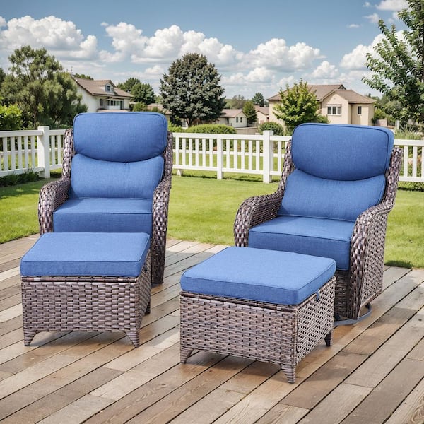 NovaSwivel 4-Piece Brown Wicker Outdoor Swivel Glider Patio Rocking Chair with 6 in. Thick Blue Cushions and Ottoman