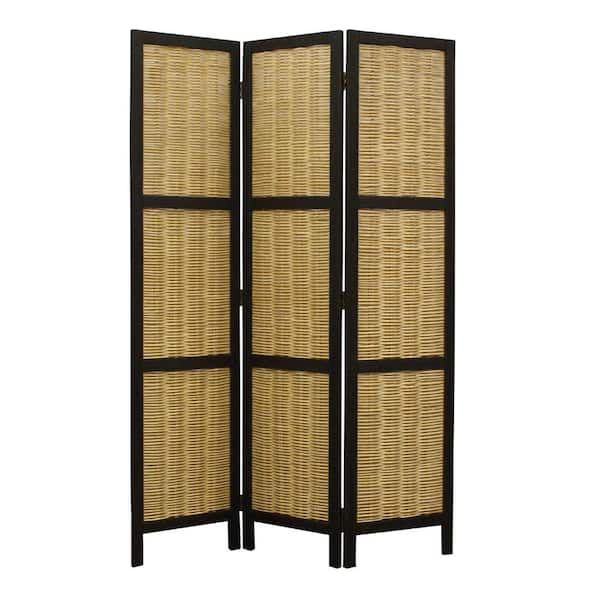 Benjara Black and Brown Cottage Style 3 Panel Room Divider with Willow Weaving