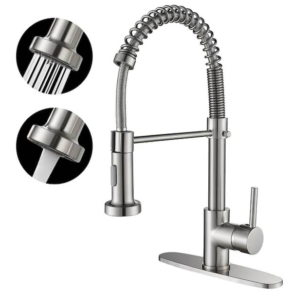 Heemli Spiral tube Single Handle Gooseneck Pull Out Sprayer Kitchen Faucet with Deckplate Included in Brushed Nickel