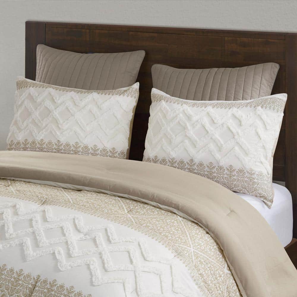 Taupe and White Cotton Full Comforter Set with Chenille Tufting