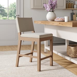 Linus 36 in. Modern Upholstered Counter Height Bar Stool with Back and Solid Wood Wire-Brushed Legs, Natural Flax/Brown
