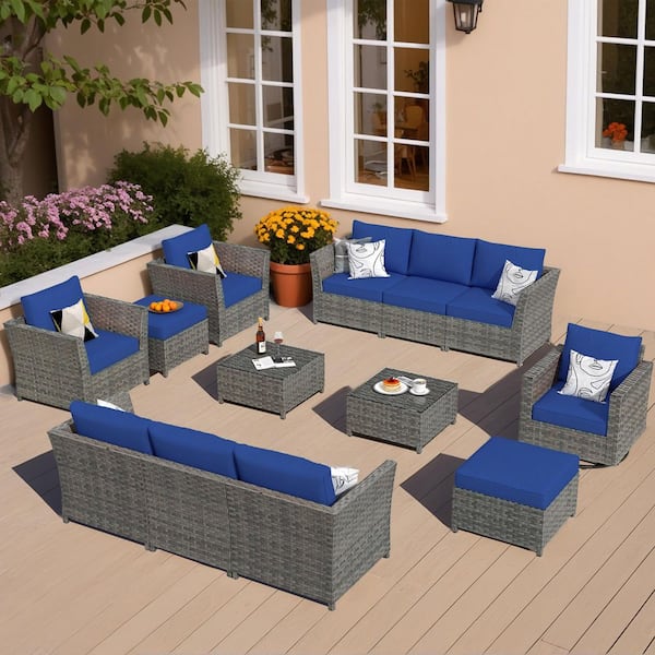 OVIOS Bexley Gray 13-Piece Wicker Patio Conversation Seating Set with Navy Blue Cushions and Swivel Chairs