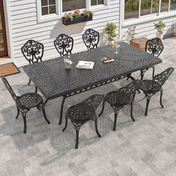 Black 9-Piece of Cast Aluminum Outdoor Patio Dining Set with 82.68 in. x 41.34 in. Rectangular Table and Armless Chairs