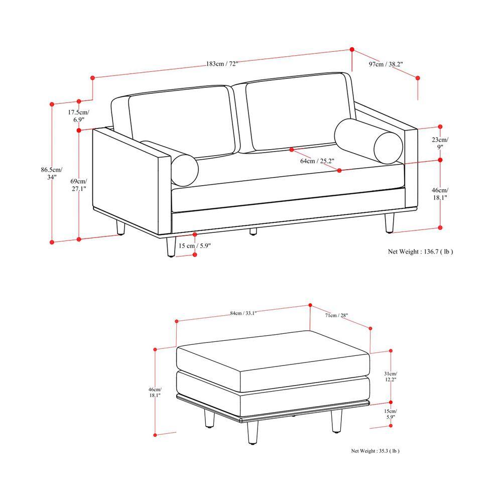 Charcoal Grey Leather Lawson Sofa with Ottoman and Pillow-Top Arm