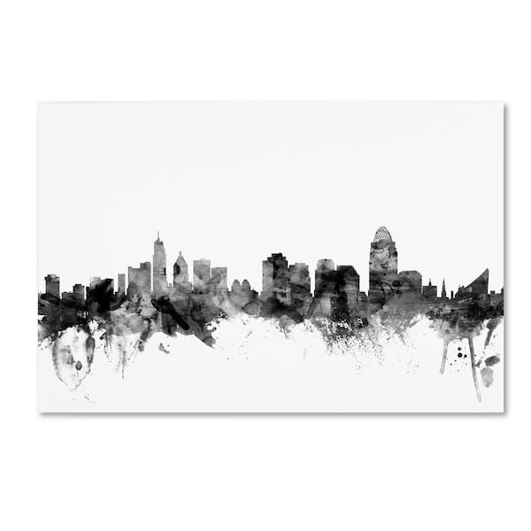 Trademark Fine Art 22 in. x 32 in. Cincinnati Ohio Skyline Black and White by Michael Tompsett Hidden Frame Architecture Wall Art