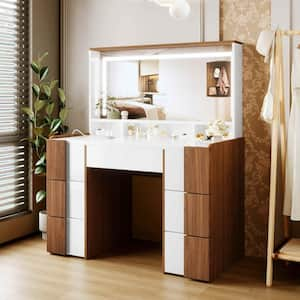 7-Drawers White/Brown Wooden Makeup Vanity Table with Large Lighted Mirror, Power Outlet, Shelves