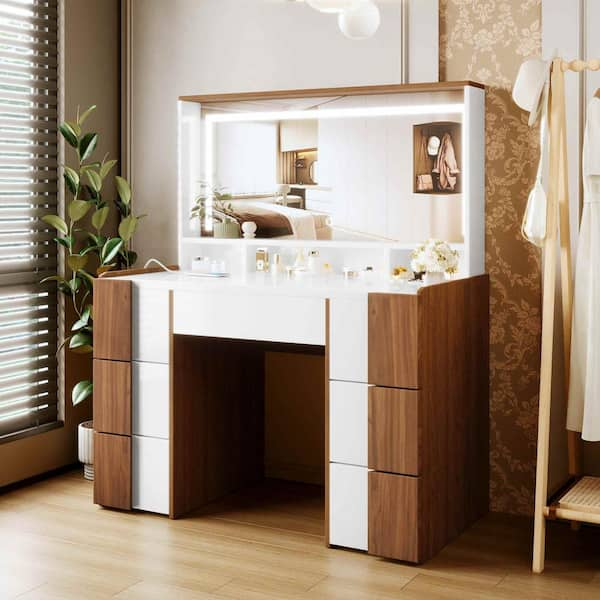 7-Drawers White/Brown Wooden Makeup Vanity Table with Large Lighted Mirror, Power Outlet, Shelves