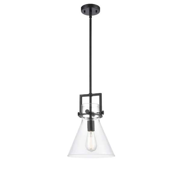 Newton Cone 100-Watt 1 Light Matte Black Shaded Pendant Light with Clear glass Clear Glass Shade