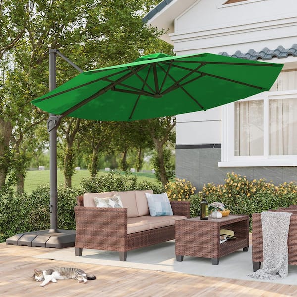 11 ft. Aluminum Outdoor Cantilever Umbrella Offset Patio Umbrella with a Base in Kelly Green