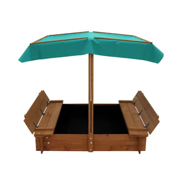 Sudzendf 3.6 ft. W x 3.6 ft. L Brown Solid Wood Square Sandbox with 2 Bench Seats，Turquoise Roof