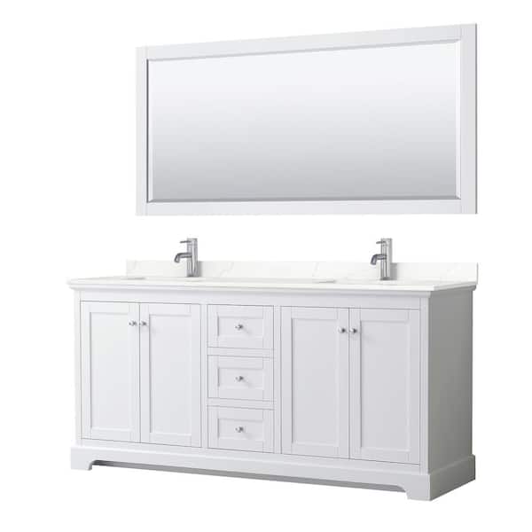 Wyndham Collection Avery 72 in. W x 22 in. D x 35 in. H Double Bath Vanity in White with Giotto Quartz Top and 70 in. Mirror