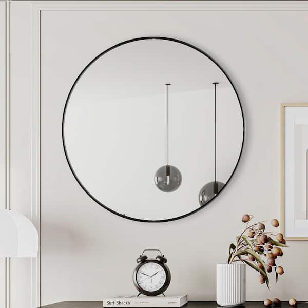 28 in. W x 28 in. H Round Metal Framed Wall Bathroom Vanity Mirror in Black