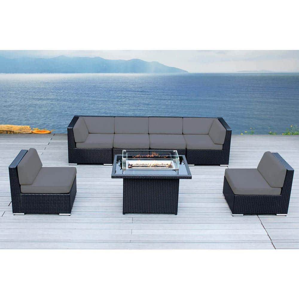 Ohana Depot Ohana Black 7 Piece Wicker Patio Fire Pit Seating Set with