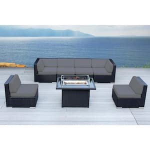 Ohana Black 7 -Piece Wicker Patio Fire Pit Seating Set with Supercrylic Gray Cushions