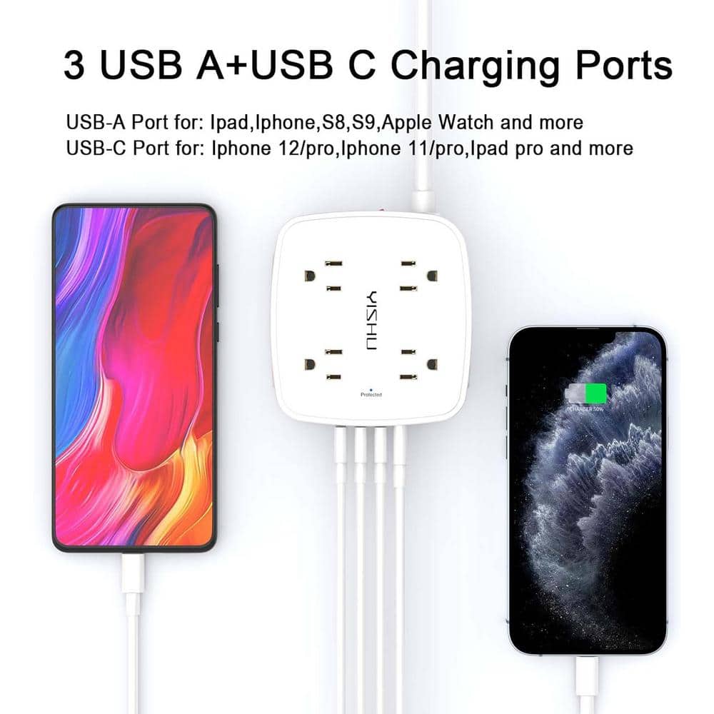 15 Ft White ABS 8-Outlet Power Strip with USB Ports