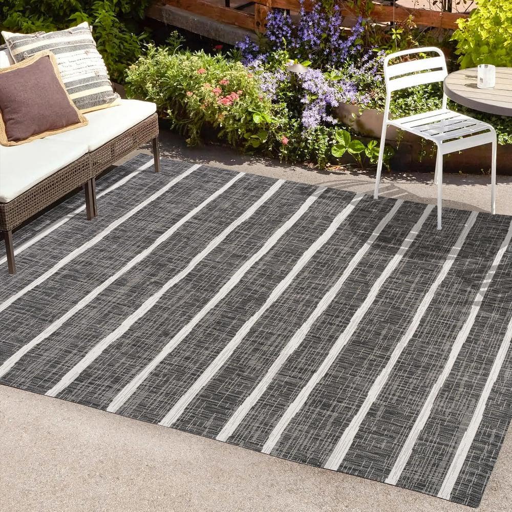 3' x 5' Black and Ivory Synthetic Stripe Rectangular Rug