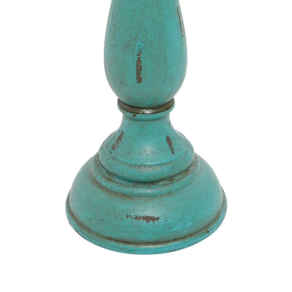 Teal Wood Fluted Pillar Candle Holders Set of 3