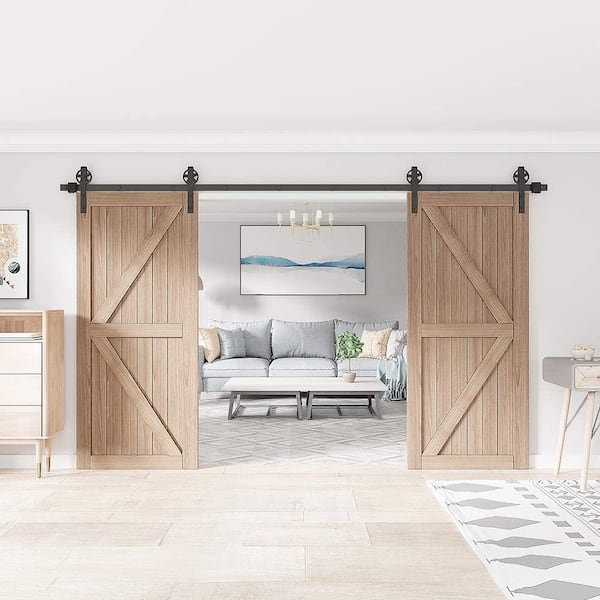 18 ft./216 in. Frosted Black Strap Sliding Barn Door Track Hardware Kit for Double Wood Doors Non-Routed Floor Guide 18 ft./216 in. Frosted Black Strap Sliding Barn Door Track Hardware Kit for Double Wood Doors Non-Routed Floor Guide
