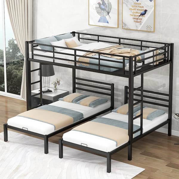 Harper & Bright Designs Black Full over Twin and Twin Size Metal Triple Bunk Bed with Built-in Shelf