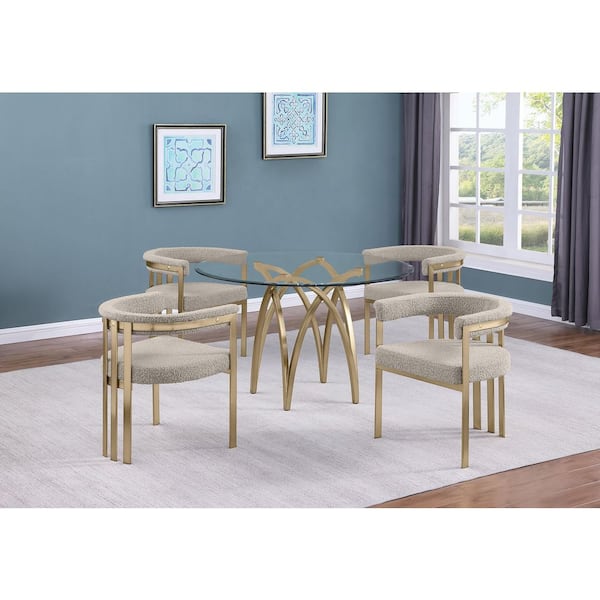 Best Quality Furniture Bayton 5-Piece Clear Tempered Glass Top Brushed Matte Gold Chrome-Plated Base Dining Set With 4 Grey Boucle Chairs