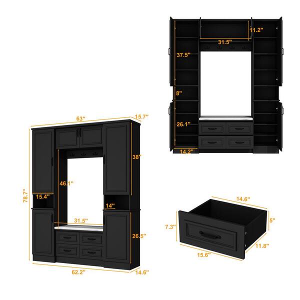 FUFU&GAGA 63 in. W. Black Wood 3in1Hall Tree Shoe Storage Bench Metal Double Hooks, Bag