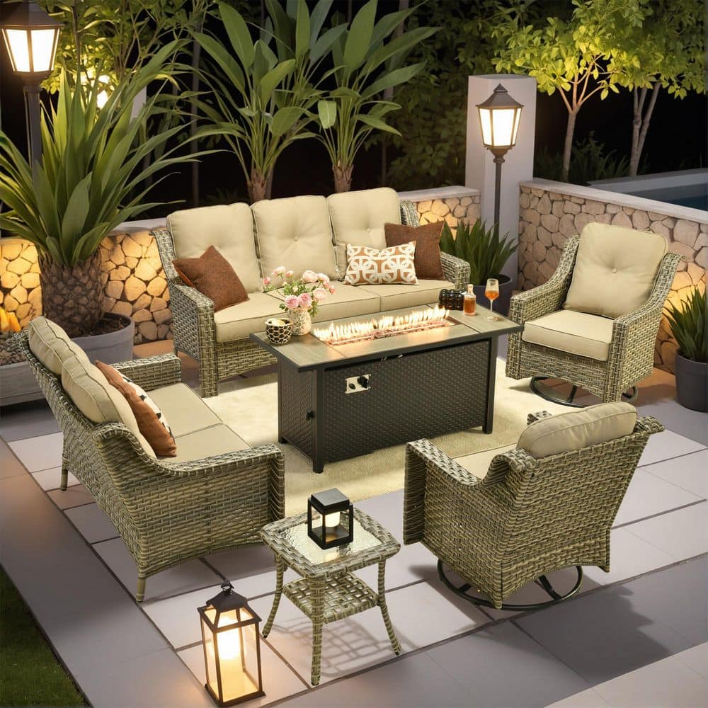Palffy Gray 6-Piece Wicker Patio Rectangle Fire Pit Conversation Set with Beige Cushions and Swivel Chairs