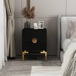 Black 2-Drawers 17.8 in. Width Rectangle Wooden Nightstand, End Table with Golden Legs