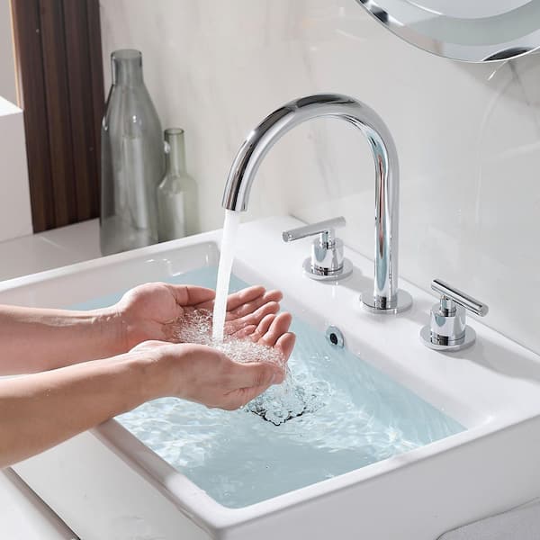 8 in. Widespread Double Handle High-Arc Bathroom Faucet Water-Saving with Drain Kit in Polished Chrome
