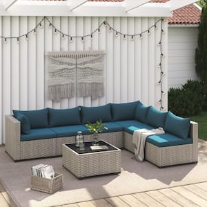 7-Piece Wicker Outdoor Patio Conversation Sofa Set, with Peacock Blue Cushions, is Perfect for Casual Gatherings