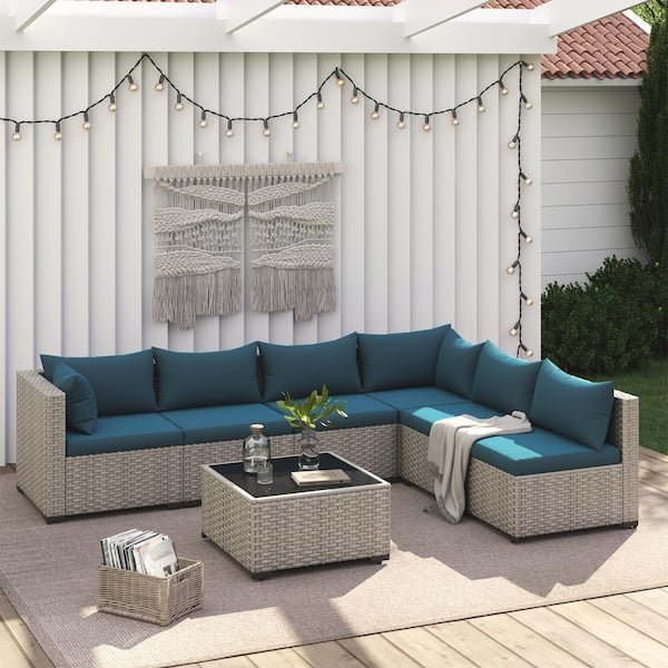 ELPOSUN 7-Piece Wicker Outdoor Patio Conversation Sofa Set, with Peacock Blue Cushions, is Perfect for Casual Gatherings