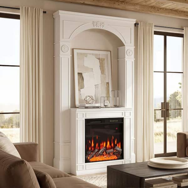 White Wood TV Stand Entertainment Center Fits TVs up to 32 in. with Electirc Fireplace, Remote Control, 12 Flame Colors