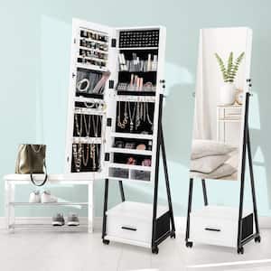 White Jewelry Cabinet with Full-Length Mirror,Lockable Wheels and Cabinet Door