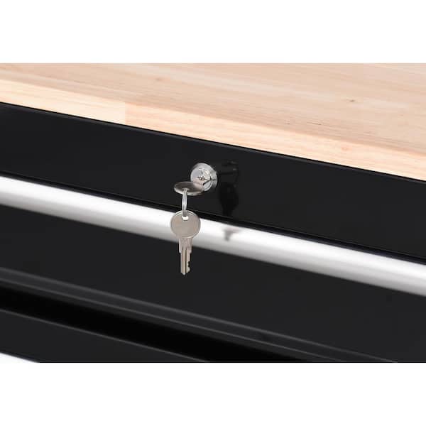 Husky - 42 in. W x 18.1 in. D 8-Drawer Black Mobile Workbench Cabinet with Solid Wood Top