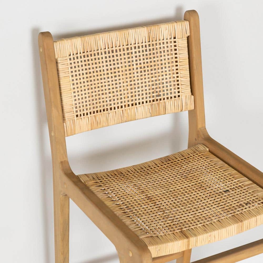 Natural Wood and Rattan Bohemian Bar Stools, Set of 2