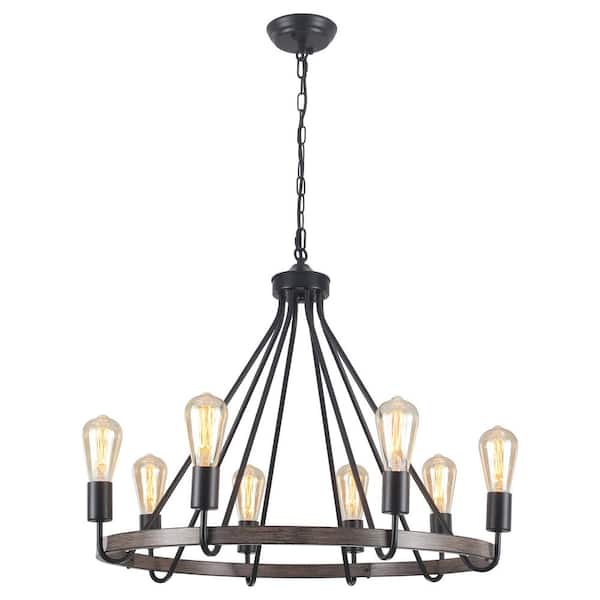 8-Light Brown/Black Rustic Farmhouse Candle Style Wagon Wheel Chandelier for Dining Room with no Bulbs Included