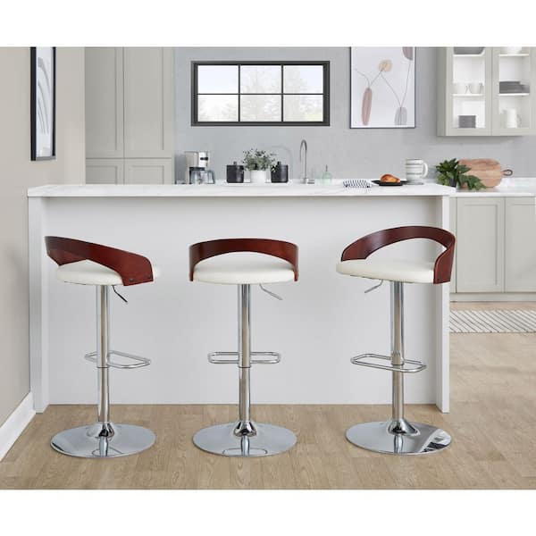 Lumisource Grotto 32.25 in. White Faux Leather, Chrome Metal, and Cherry Wood Adjustable Barstool (Set of 2)