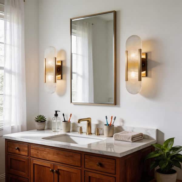 4 in. 1-Light Gold Marble Wall Sconces Set of 2, White Alabaster Stone Bathroom Vanity Wall Lights for Bedroom