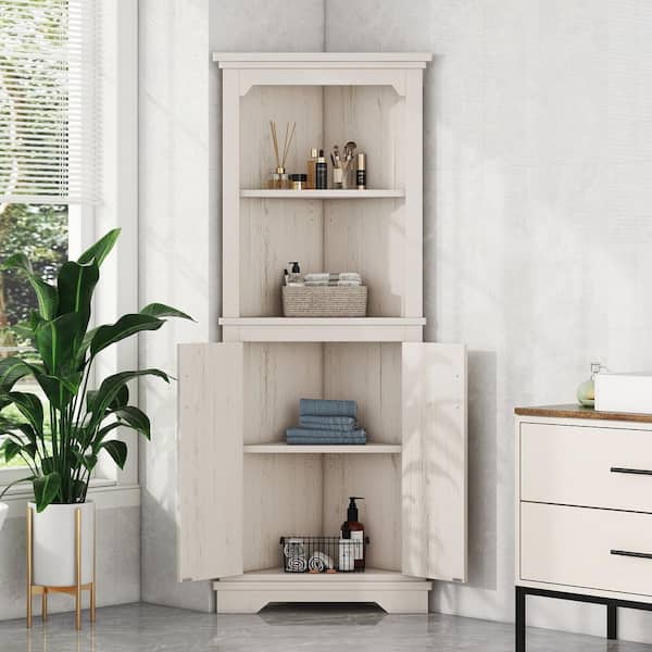 Beige Wood 69.4 in. H Tall Corner Storage Cabinet with Doors and Open Shelves
