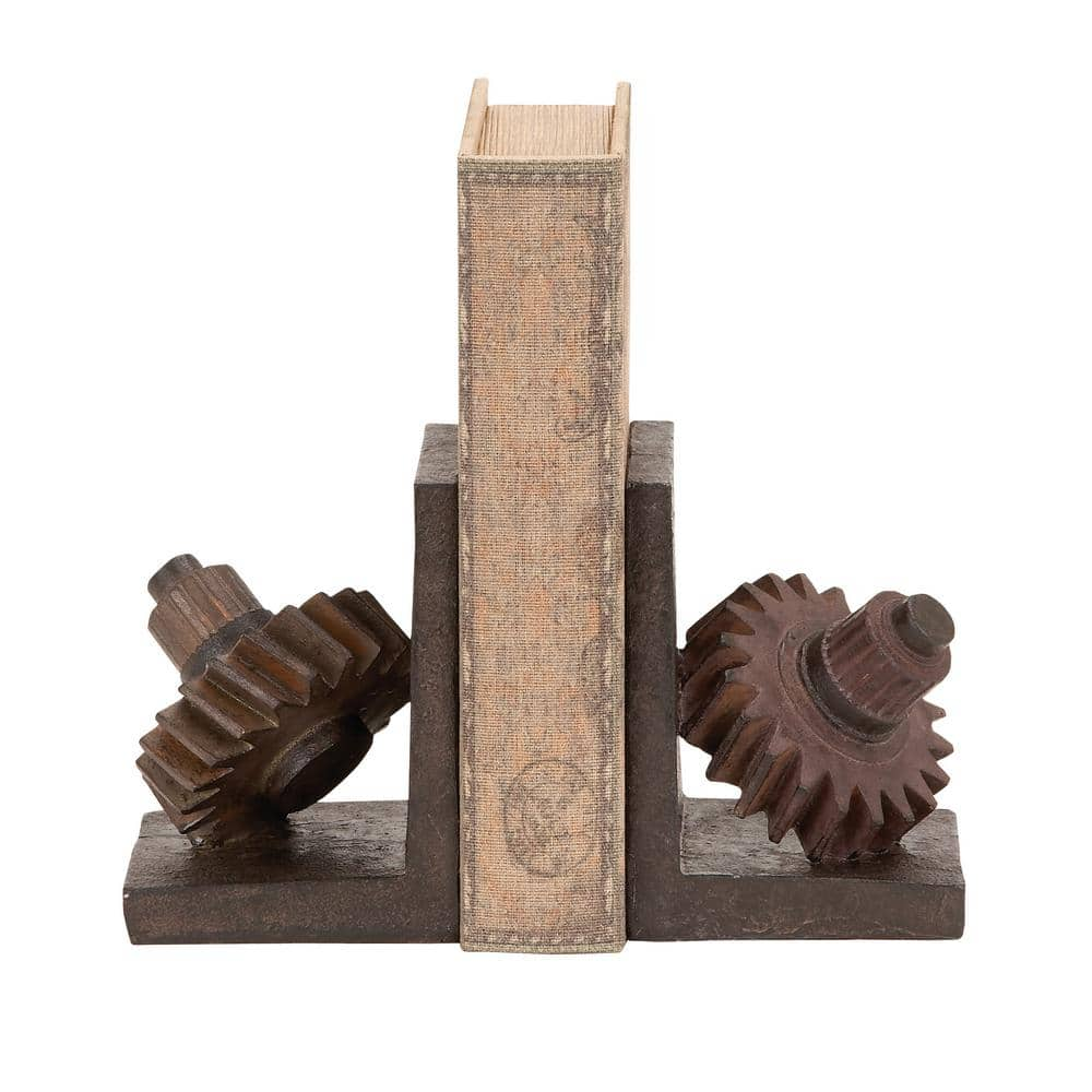 Litton Lane Brown Polystone Gear Bookends (Set of 2)