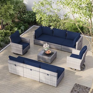 9-Piece Gray Wicker Patio Conversation Set with Swivel Chair and Blue Cushions