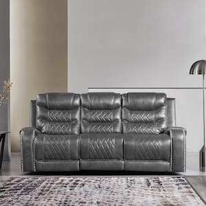 Bergen 86.5 in. W Straight Arm Faux Leather Rectangle Manual Reclining Sofa with Center Drop-Down Cup Holders in Gray