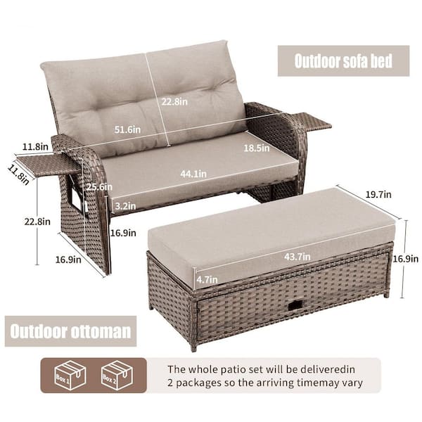 Brown Wicker Outdoor Sofa Day Bed Loveseat Sun Lounger for Backyard Porch with Cozy Cushion Guard Beige Cushions