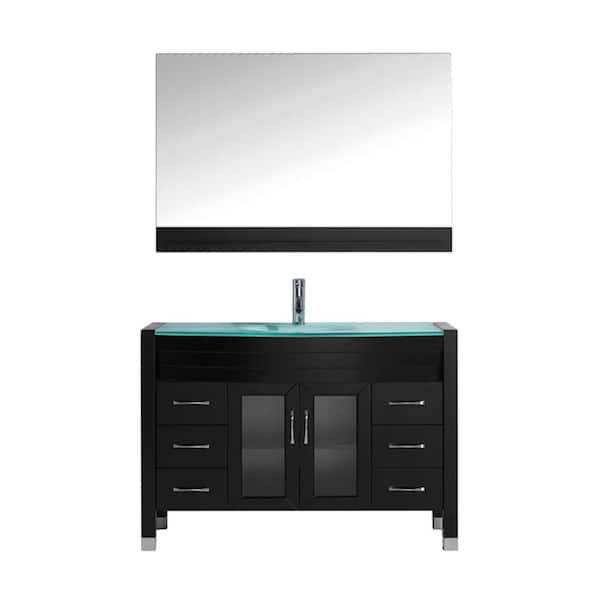 Virtu USA Ava 47 in. W Bath Vanity in Espresso with Glass Vanity Top in Aqua Tempered Glass with Round Basin and Mirror