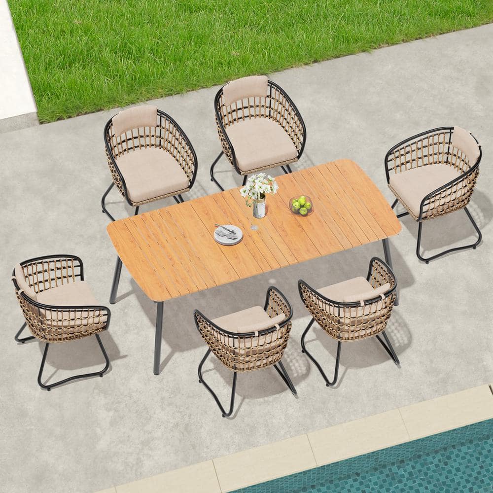 7-Piece Metal 81.5 in. Outdoor Dining Set with Rattan Chairs and Beige Cushions price history on PriceWatchPro
