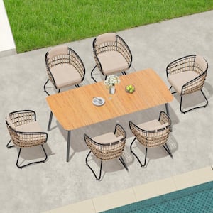 7-Piece Metal 81.5 in. Outdoor Dining Set with Rattan Chairs and Beige Cushions