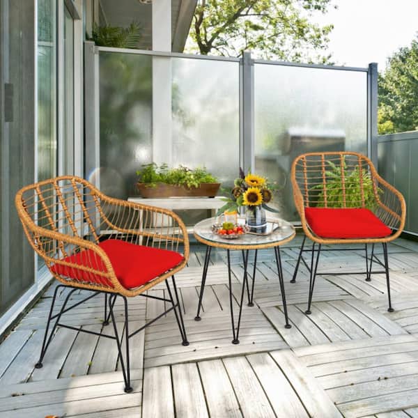 3-Piece Rattan Wicker Outdoor Bistro Set with Red Cushions and Side Table