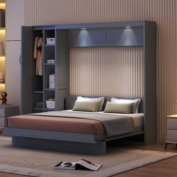 Gray Wood Frame Queen Size Murphy Bed with Shelves, Wardrobe and LED Lights