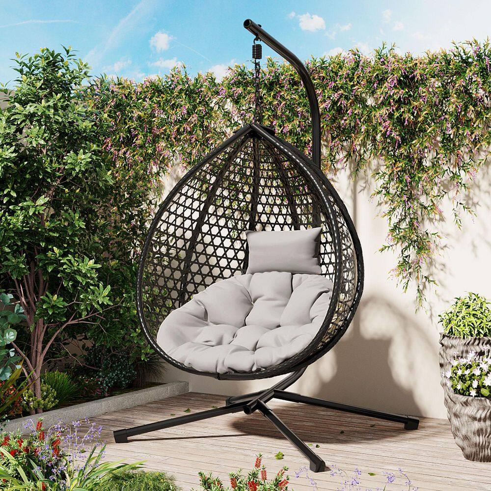 Patio Black Wicker Hanging Swing Egg Chair Hammock Chair with Gray Cushion for Indoor Outdoor Bedroom, 330 lbs. Capacity price history on PriceWatchPro