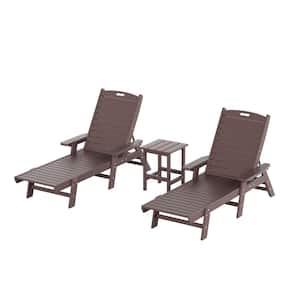Harlo 3-Piece Dark Brown Fade Resistant HDPE Plastic Reclining Outdoor Patio Chaise Lounge Arm Chair and Table Set
